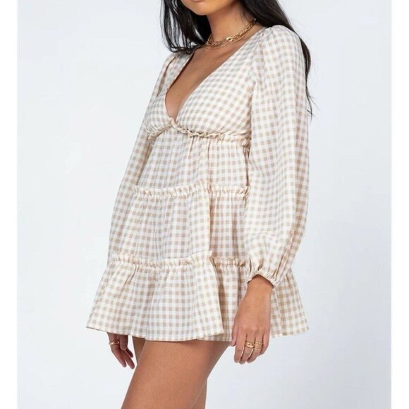 Princess Polly Ainslie MINI DRESS White Beige Gingham Size 2 Tomato Girl Summer - Picture 1 of 12